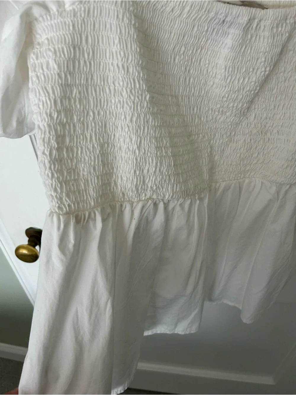 LOFT White Square Neck Puff Sleeve Smocked Peplum Top
